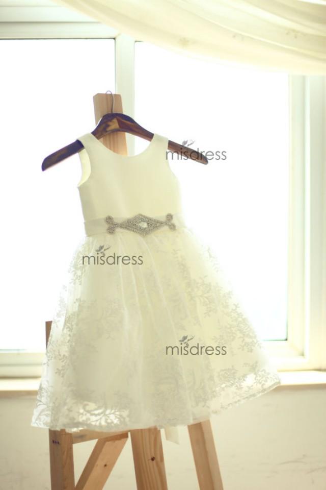 Satin Lace Flower Girl Dress/Beaded Sash Belt Wedding Easter Junior Bridesmaid Baptism Baby