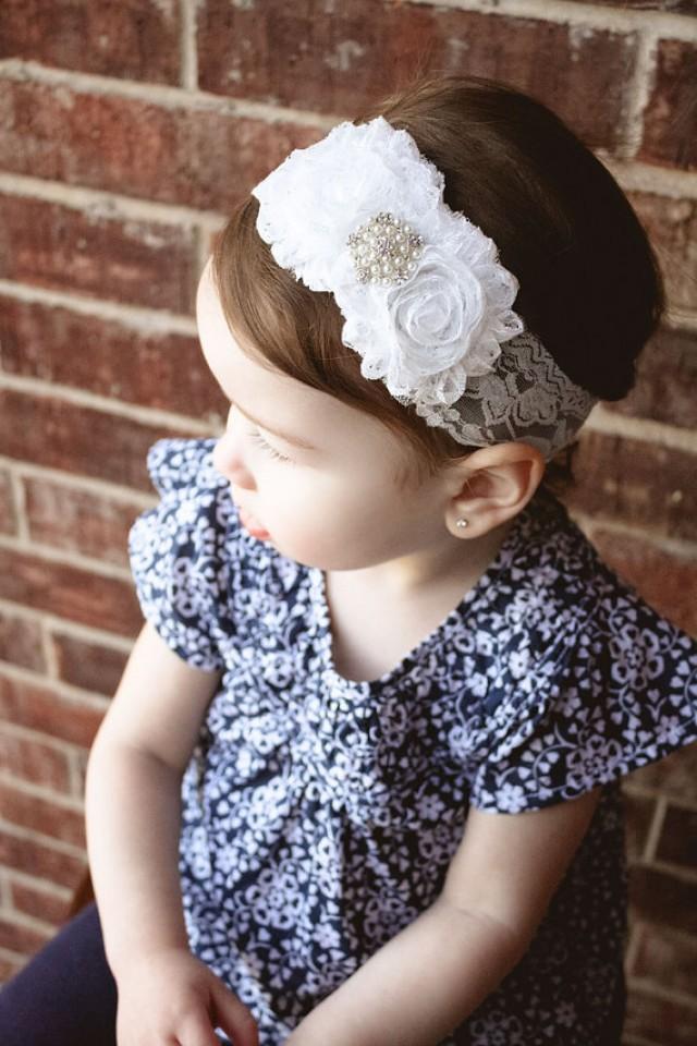 SALE Baby Headband Girl Headband White Lace Headband Shabby Chic