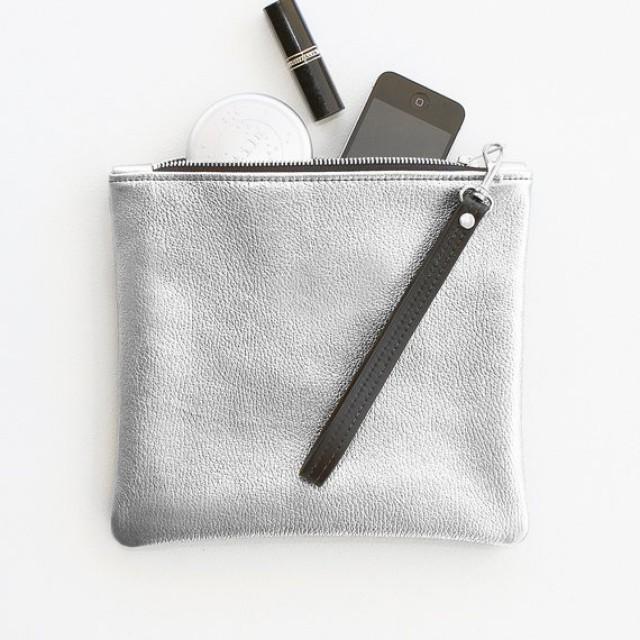 Metallic Silver Leather Fold Over Zipper Clutch, Fold Over Wristlet