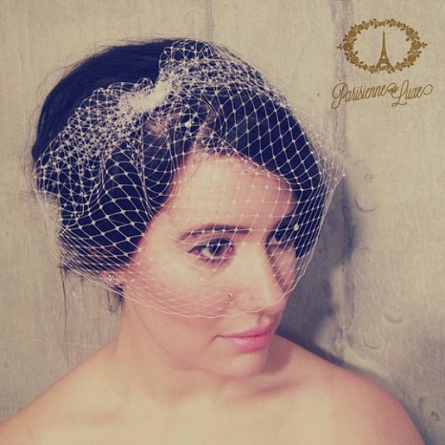 Birdcage Veil With Rhinestones, Russian Netting, Blusher Veil, Bridal