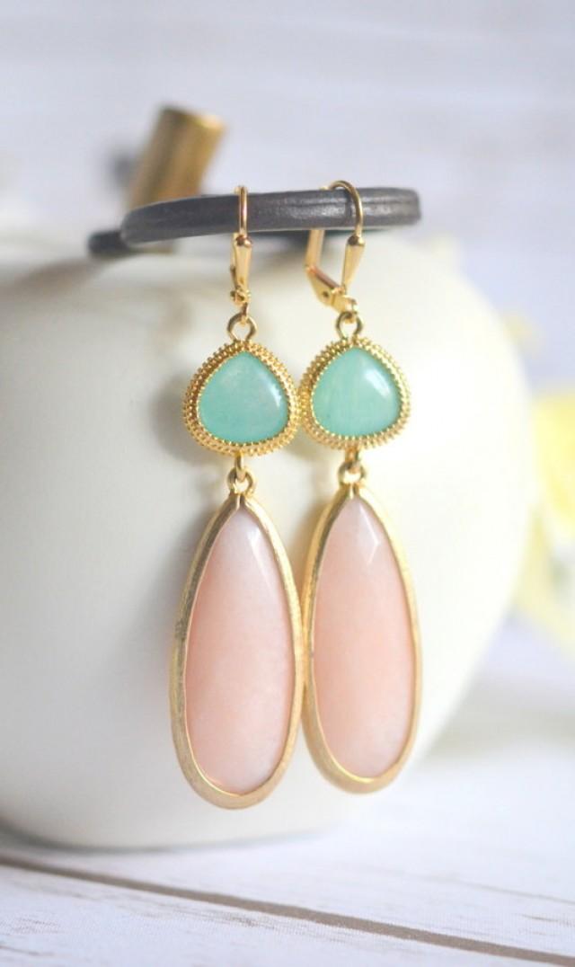 Mint And Peach Statement Earrings In Gold. Long Dangle Earrings. Aqua