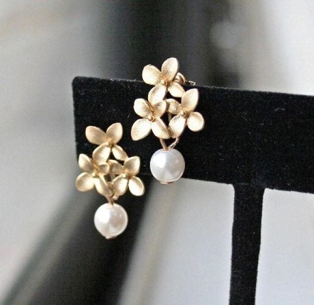 Cherry Blossom Earrings With Pearls In Gold. Gold Flower Earrings