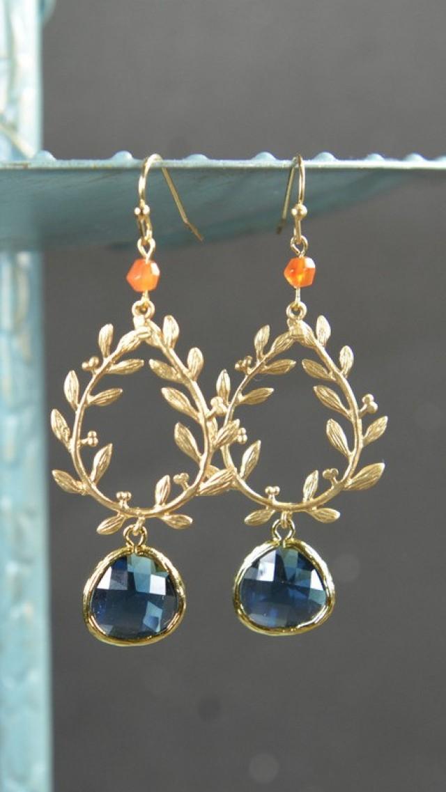 Navy Coral OrangeBridesmaid Jewelry Sapphire Blue Gold Drop Earrings