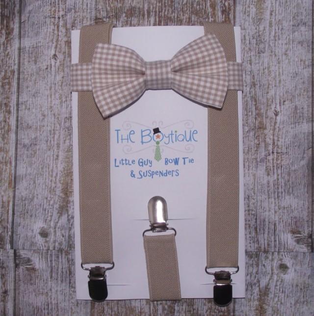 Tan Gingham Bow Tie And Tan Suspenders, Toddler Suspenders, Baby