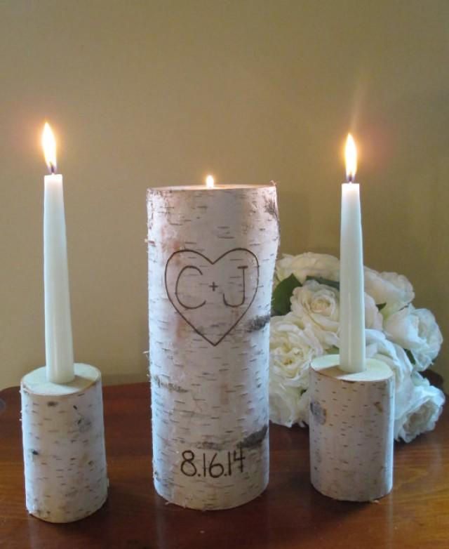 Personalized Birch Bark Unity Candle 10" Tall With Two 4" Tall Birch Candle Holders Rustic