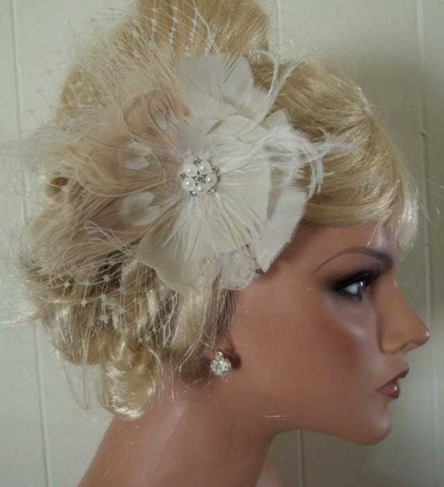 Ivory Bridal Fascinator, Hair Clip Ivory Peacock Feathers French Net