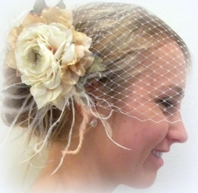 Wedding Bridal French Net Bridal Veil With Ivory Vintage Flowers