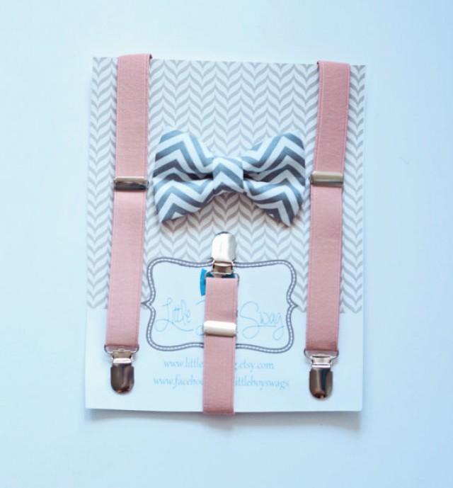 Blush Suspenders Gray Bow Tie Set For Boys..Kids Clothing..Ring Bearer