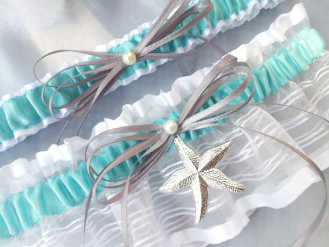 Tiffany Blue Beach Wedding Garter Starfish Garter Set White Sheer