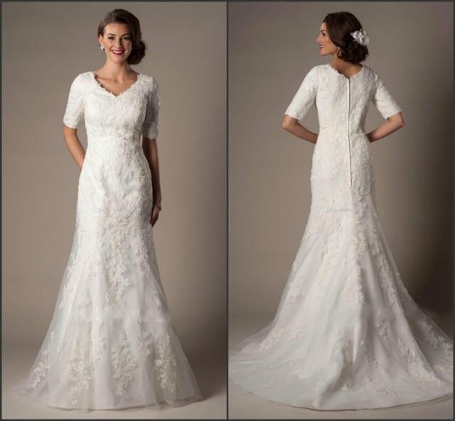 Modest Custom 2015 A Line Wedding Dresses Winter Bridal Gown V