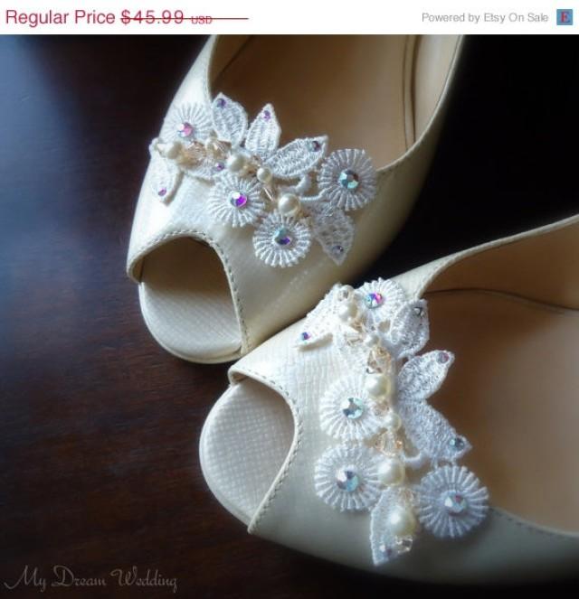 ON SALE Ivory Shoe Clips. Ivory Venice Lace Accented With Swarovski