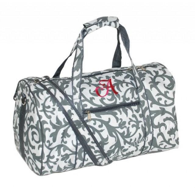 Gray Damask Personalized Duffle Bag Bridesmaid Gift, Cheer Bag
