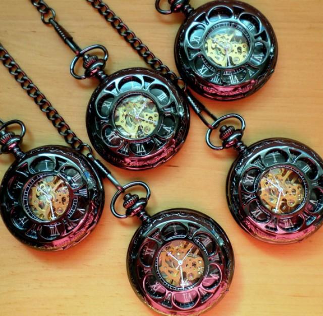 Pocket Watch Set Of 5 Classic Black Mechanical With Vest Chains Groomsmen Gift Set Wedding Party