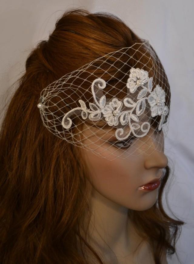 Birdcage Lace Bridal Veil, Ivory Bird Cage Blusher Veil With Lace Applique & Pearls, Russian