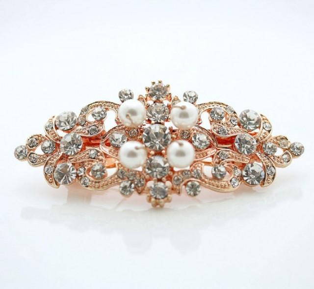 Rose Gold Bridal Hair Clip, Bridal Barrette, Rhinestone Wedding Hair
