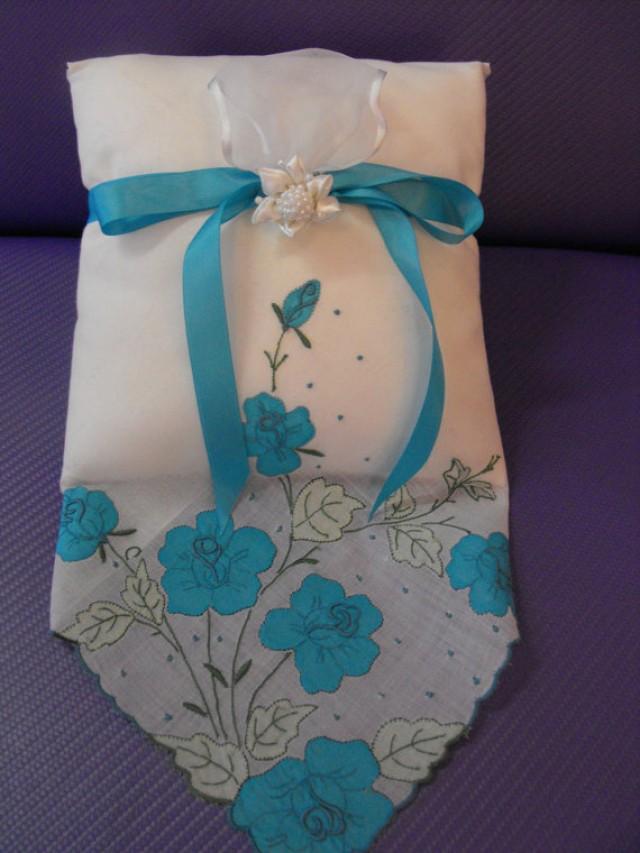 Vintage Appliqued Turquoise Floral Hankie W/ Satin Turquoise Bow