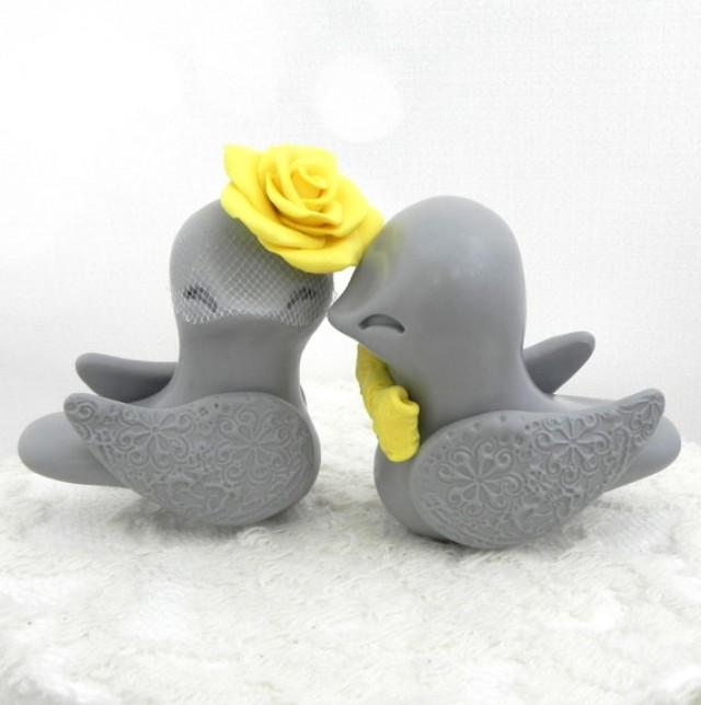 Lovebirds Wedding Cake Topper, Grey And Sunny Yellow, Bride And Groom