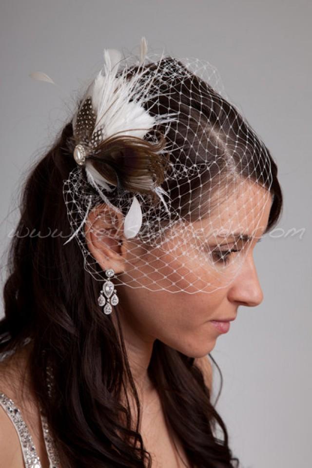 Bridal Birdcage Veil Set, Mini Veil With Feather Head Piece, Wedding