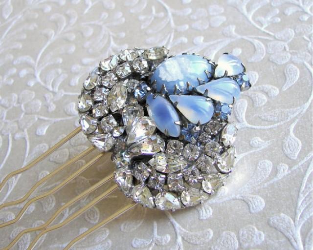 Something Blue Jeweled Hairpiece Rhinestone Wedding Hair Comb Art Glass