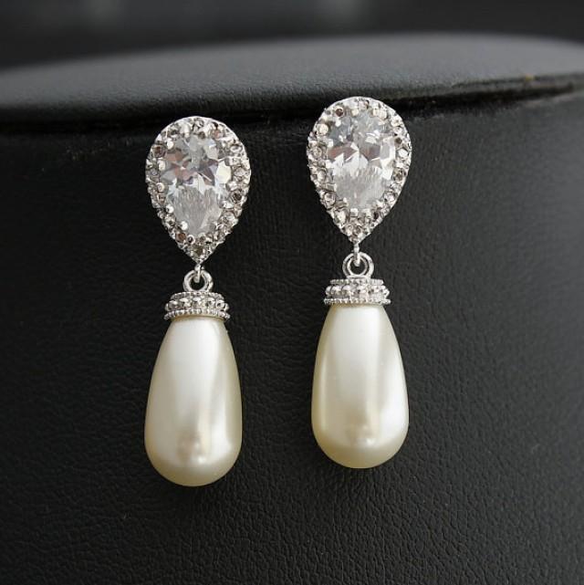 Pearl Jewelry Bridal Earrings Cubic Zirconia Bridesmaid Earrings Posts Silver Cream Ivory OR