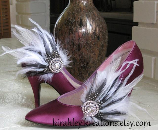 AVERY Wedding Bridal Feather Shoe Clips In Black And White W