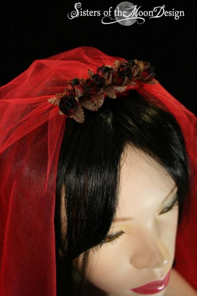 Gothic Red Wedding Veil Bridal Burnt Roses Lydia Goth Vampire