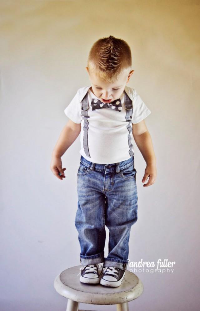 Baby Boy Bowtie & Suspender Bodysuit Or Shirt Grey And White Polka Dot Birthday, Baby Shower