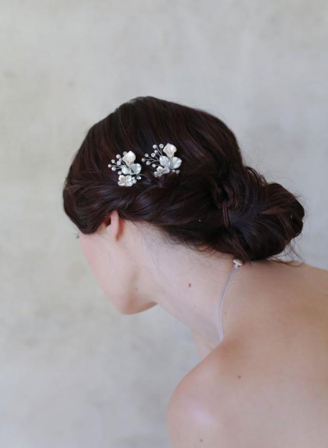 Bridal Floral Hair Pins Petite Floral And Crystal Hair Pin Pair