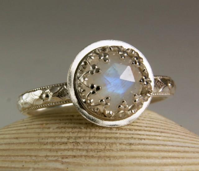 Sterling Silver Moonstone Ring, Faceted Gemstone, Blue Flash, Engagement Ring, Floral Band