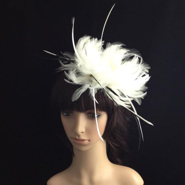 White Fascinator With Feathers, Wedding Headpiece, Bridal Headband