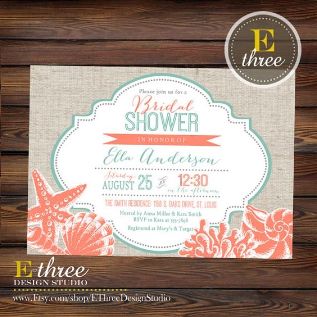 Printable Beach Bridal Shower Invitation Coral And Teal Seashell