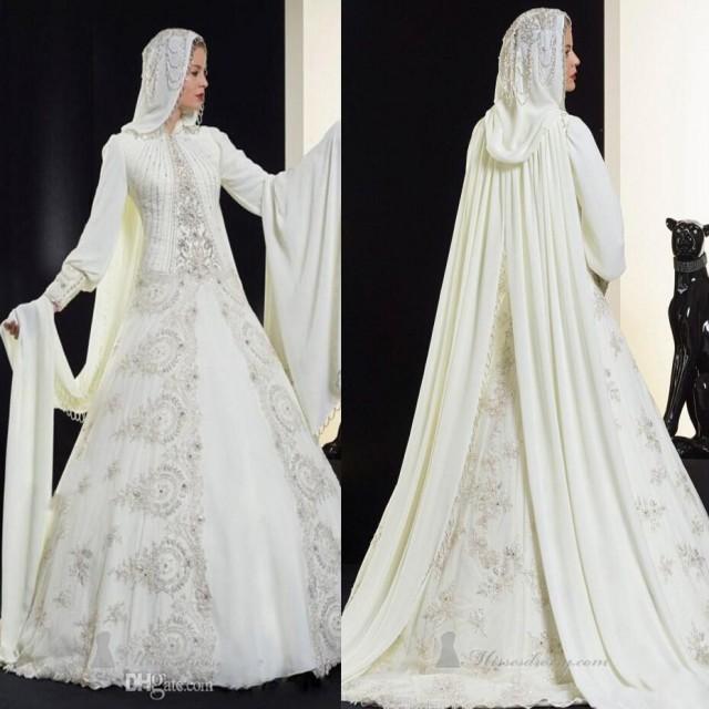 2015 Saudi Arabia Muslim Long Sleeve Wedding Dress High Collar Pearls