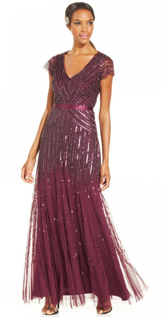 adrianna papell sequin beaded gown with flutter sleeves