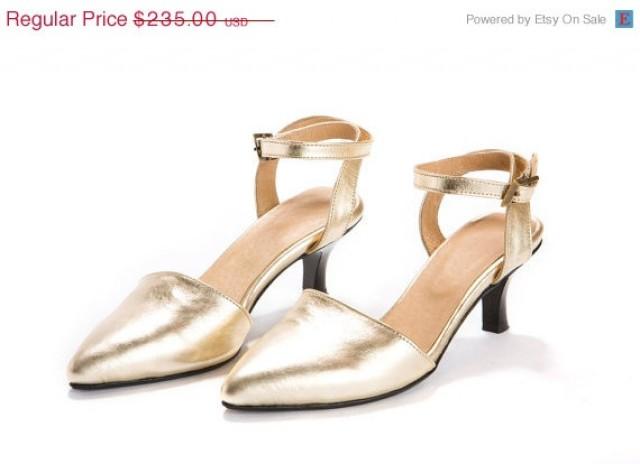 ON SALE 30% Off Gold Shoes - Kitten Heel Golden Shoes - Ankle Strap