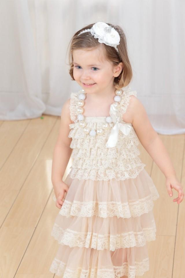 Lace Vintage Shabby Chic 3 Tier Ivory Blush Flower Girl Dress Baby Lace