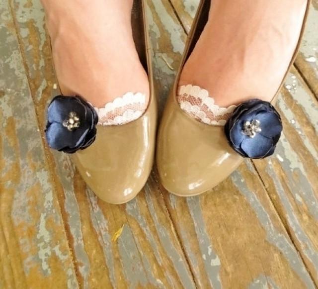 Navy Blue Shoe Clips, Clip On Flower, Satin Navy Fabric Flower Shoe