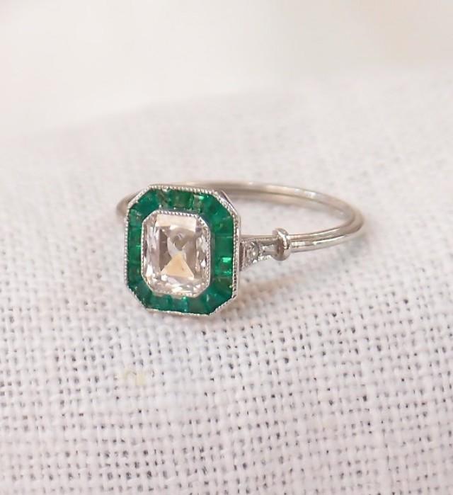 Art Deco Platinum .85 Carat Diamond And Emerald Engagement