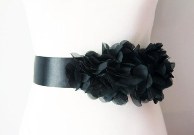 Bridal Black Chiffon Flower Sash Posh Ribbon Belt - Vintage Inspired
