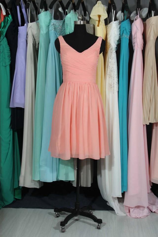 Coral Straps Bridesmaid Dress, Custom Made Chiffon Knee Length