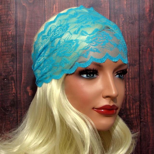 Sale Lace Headband For Women Wide Stretchy Hair Wrap In Aqua Blue