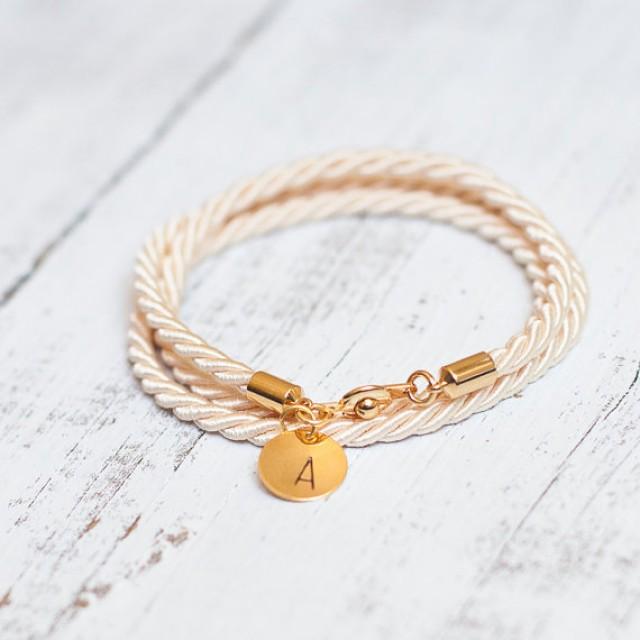 Beige Cream Rope Cord Personalized Bracelet Initial Monogram Gold Gift