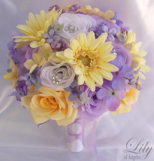 17 Piece Package Wedding Bridal Bride Maid Of Honor Bridesmaid 17 Piece Package Wedding Bridal Bride Maid Of Honor Bridesmaid Bouquet Boutonniere Corsage Silk Flower Lavender Yellow Lily Angeles 2241797 Weddbook