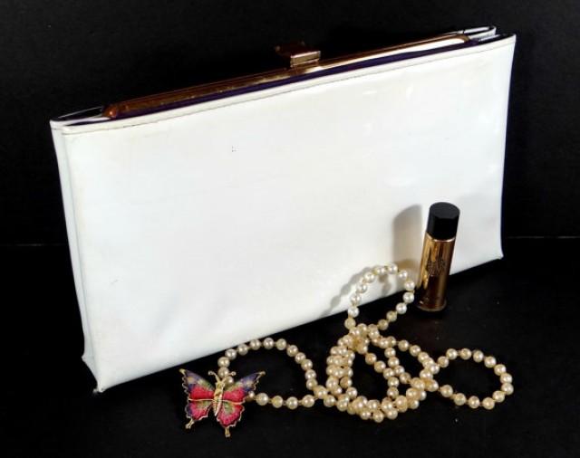 Vintage Andé Patent Leather Handbag, Ivory Clutch Convertible Evening