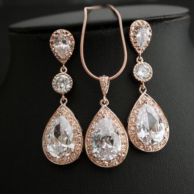 Rose Gold Bridal Earrings And Necklace Set Wedding Jewelry Set Clear Cubic Zirconia Teardrop