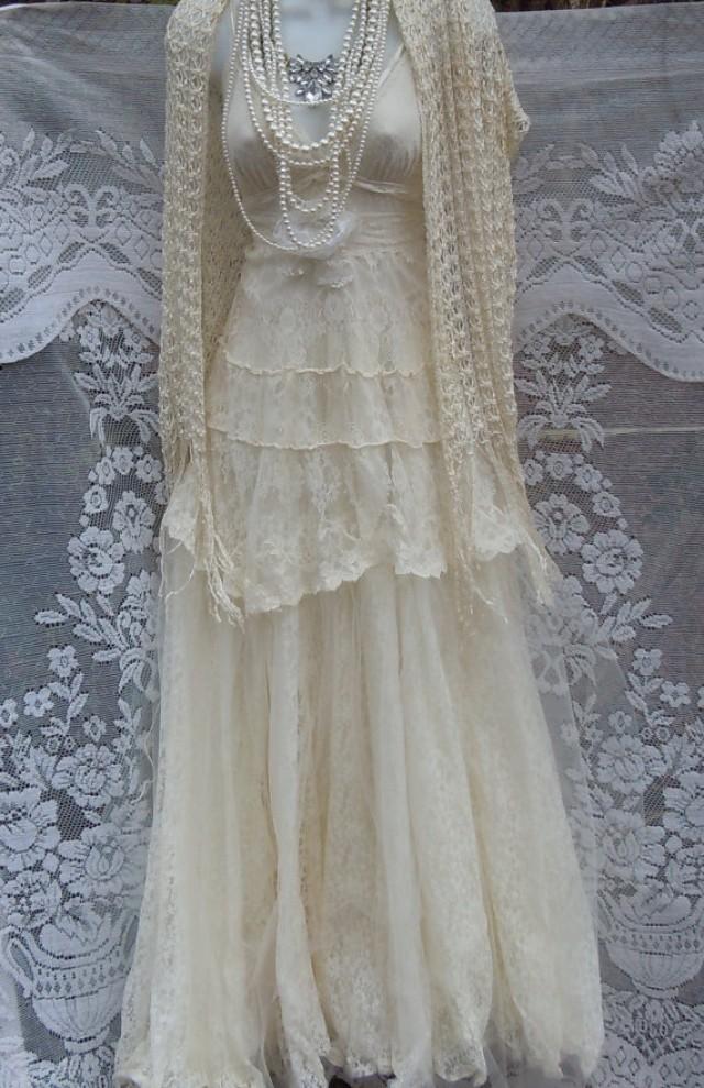 Lace Wedding Dress White Crochet Cotton Tulle Vintage Bride Outdoor