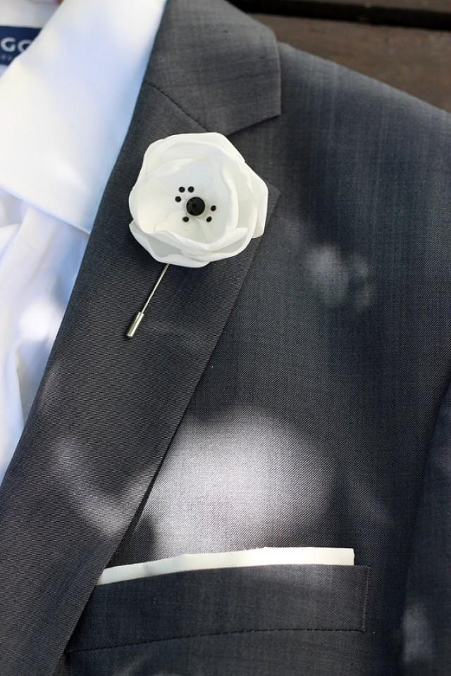 White Satin Flower With Swarovski Crystals Mens Boutonniere