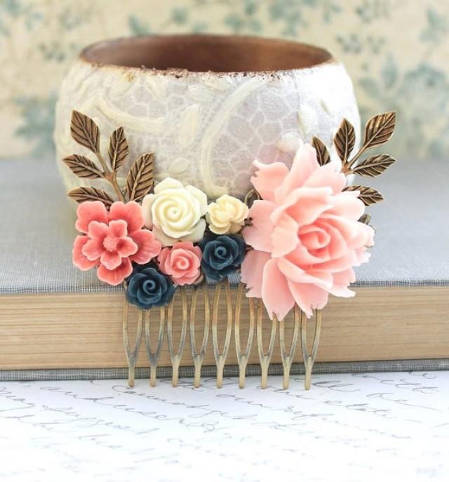 Pink Rose Comb Coral Bridal Hair Comb Beach Wedding Hair Accessories