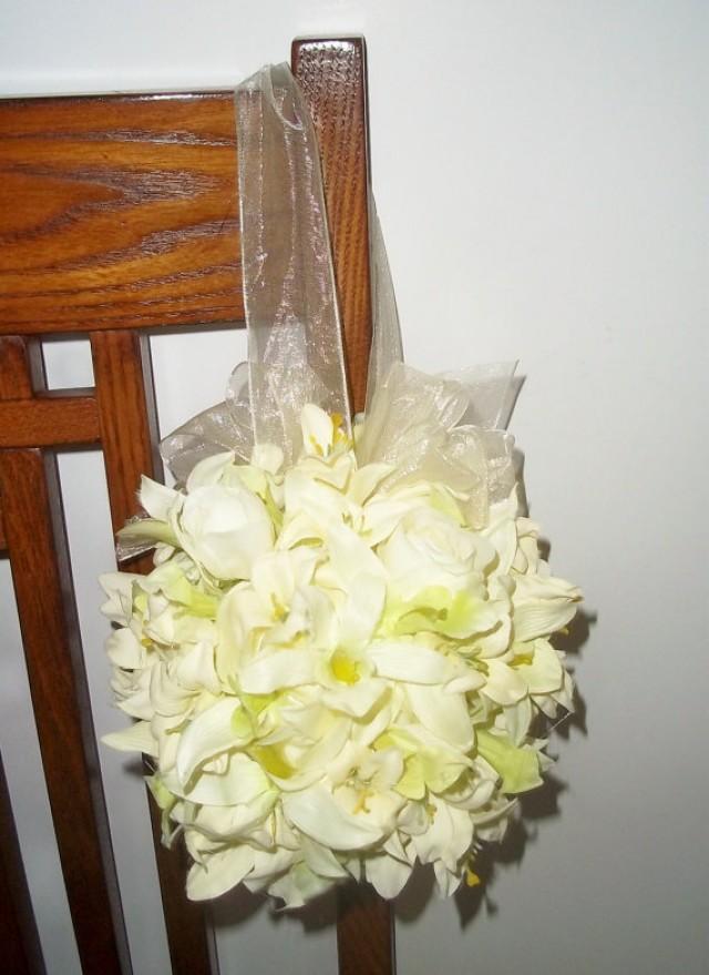 Orchid And Rose Bud Kissing Ball, Pew Kissing Balls, Flowergirl Bouquet