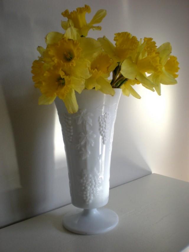 Vintage Large Milk Glass Vase Grape Leaf Centerpiece Wedding