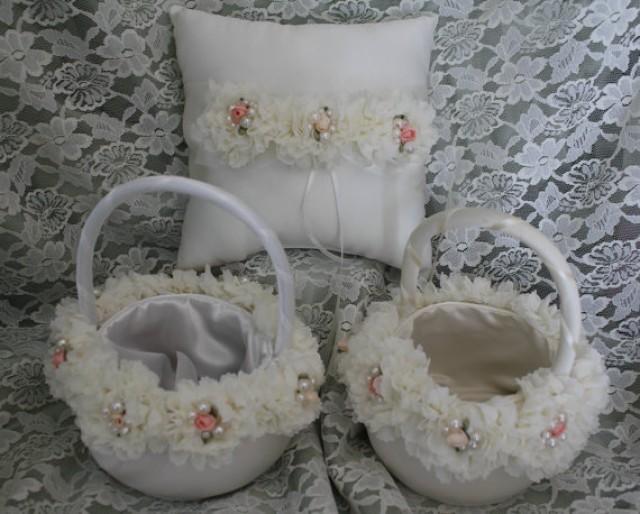 2 Ivory Or White Flower Girl Baskets 1 Ring Bearer Pillow Shabby Chic